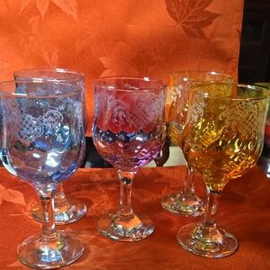 Colorful Set Of 5 Etched Wine Glass Set Possible Cristalleria Fratelli